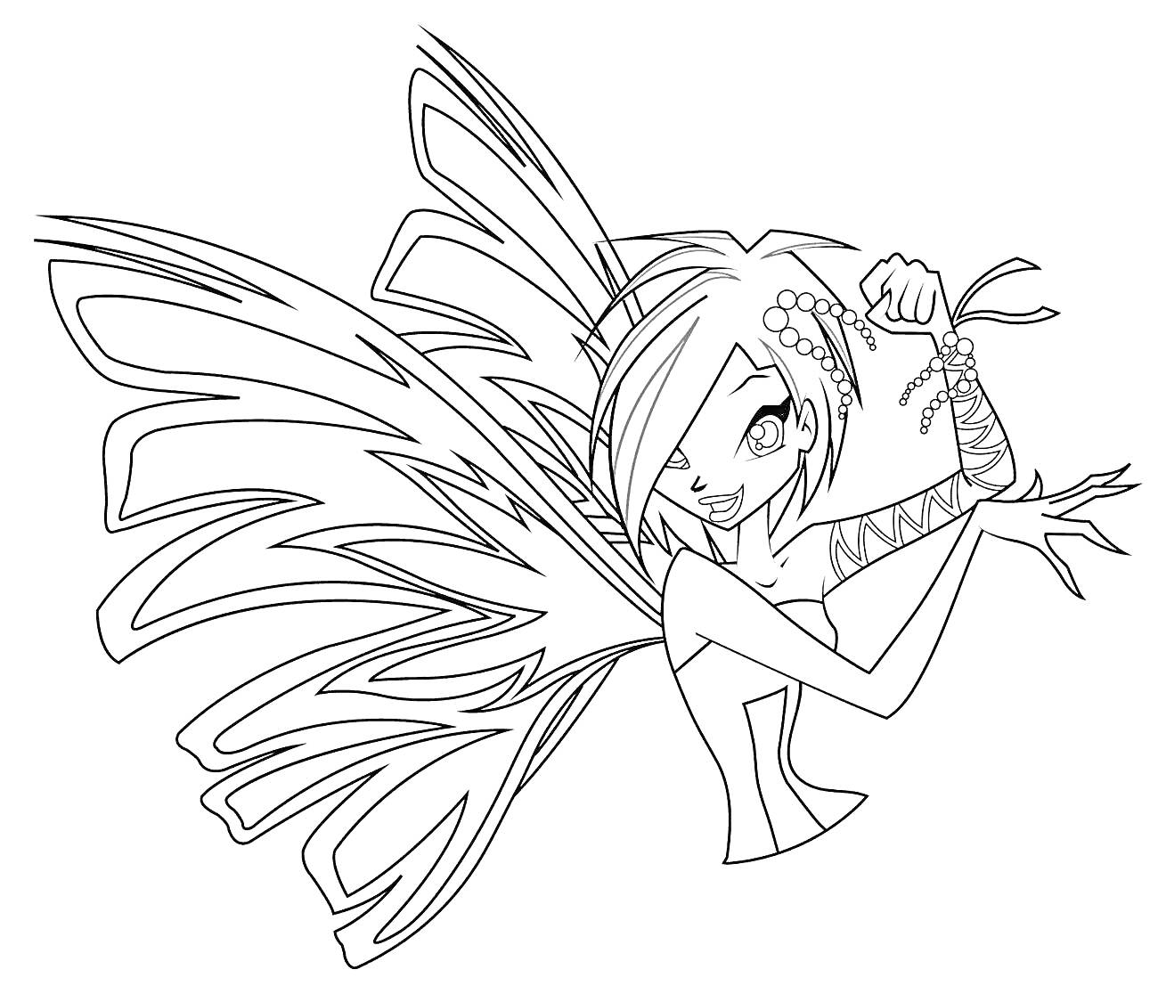 Раскраска Фея Винкс Сиреникс с длинными крыльями и украшением в волосах