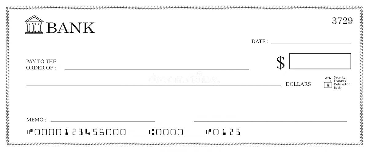Раскраска Чек с графами для ввода названия банка, получателя платежа, даты, суммы, мемо и микрочипа