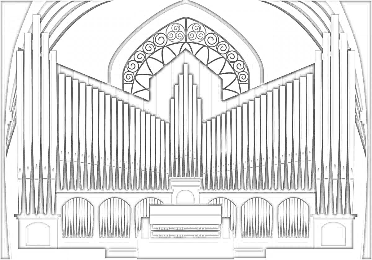 На раскраске изображено: Орган, Витраж, Арка, Архитектура, Музыка, Музыкальные инструменты