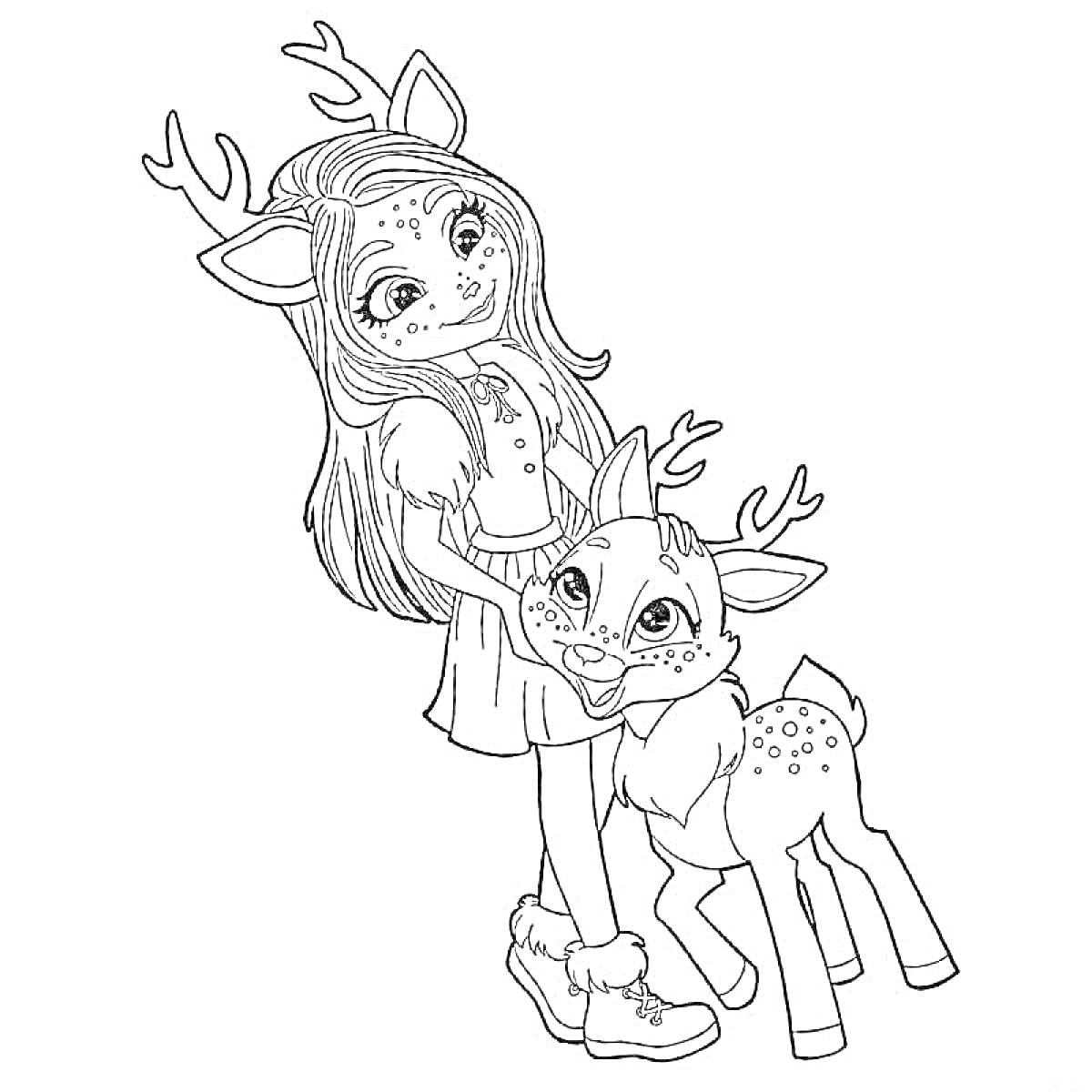 Раскраска Девочка-олень с длинными волосами и маленький оленёнок