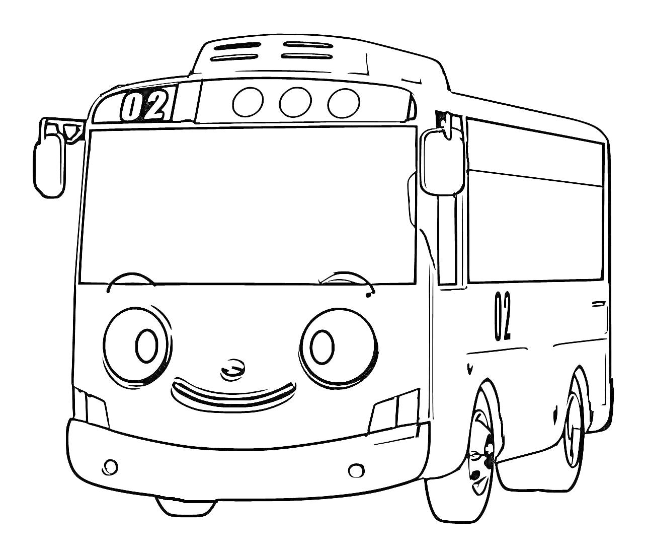 Раскраска Маленький автобус с номером 021 с лицом Тайо