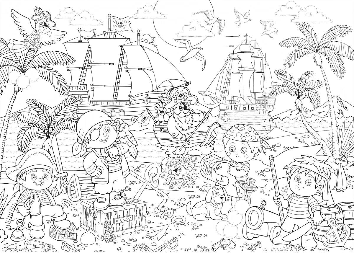 Раскраска Пираты на острове сокровищ с кораблями, пальмами, попугаем и сундуком с сокровищами