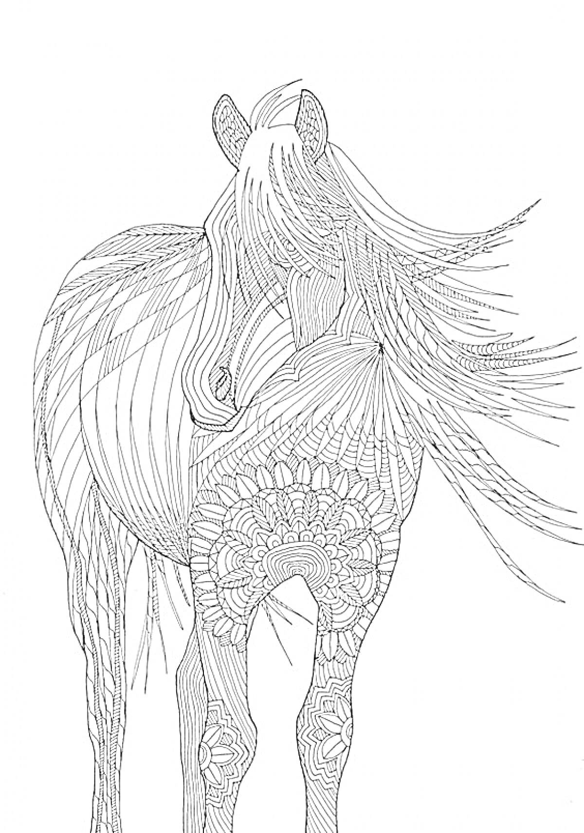 Раскраска Лошадь с длинной гривой и узорчатым телом