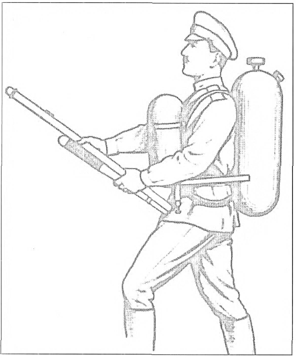 Раскраска Человек в военной форме с огнеметом на спине, держащий трубку огнемета в руках