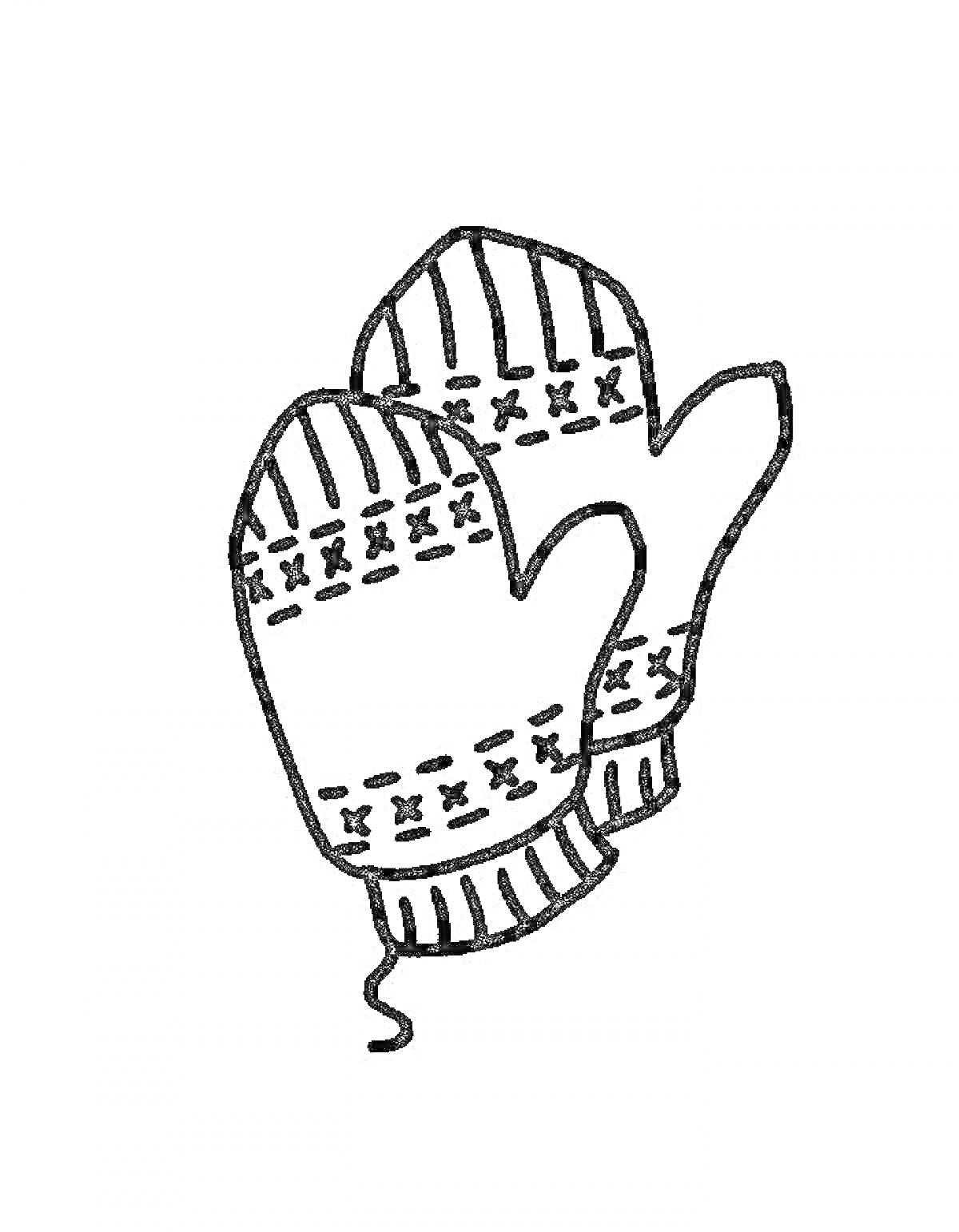 Раскраска Варежки с узором и верёвочкой