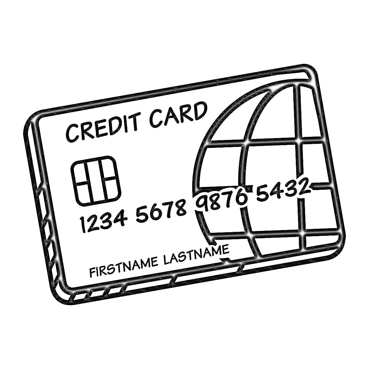 На раскраске изображено: Банковская карта, Кредитная карта, Чип, Номер карты, Имя, Глобус