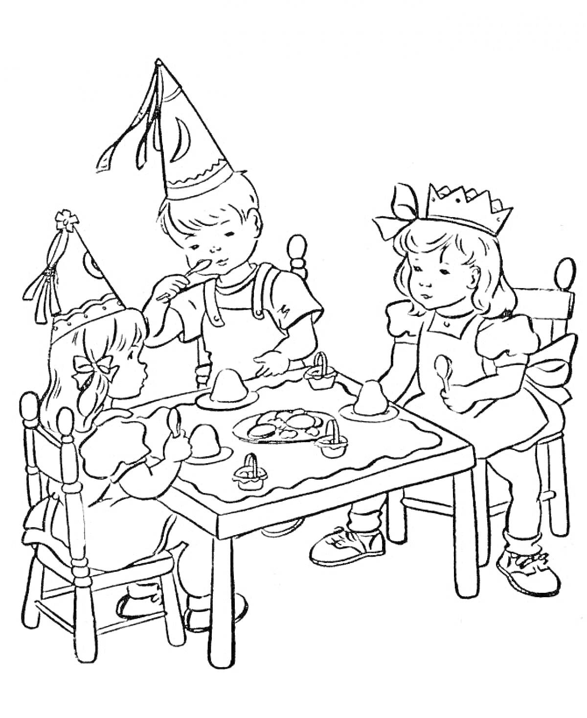 Раскраска Дети на празднике за столом с угощениями, тортом, кексами и свечами