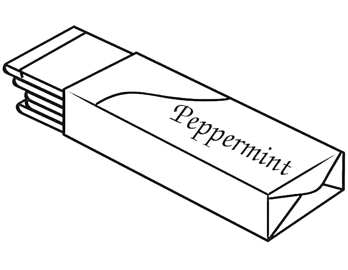 Раскраска Упаковка жевательной резинки, содержимое 3 пластины, надпись Peppermint на упаковке