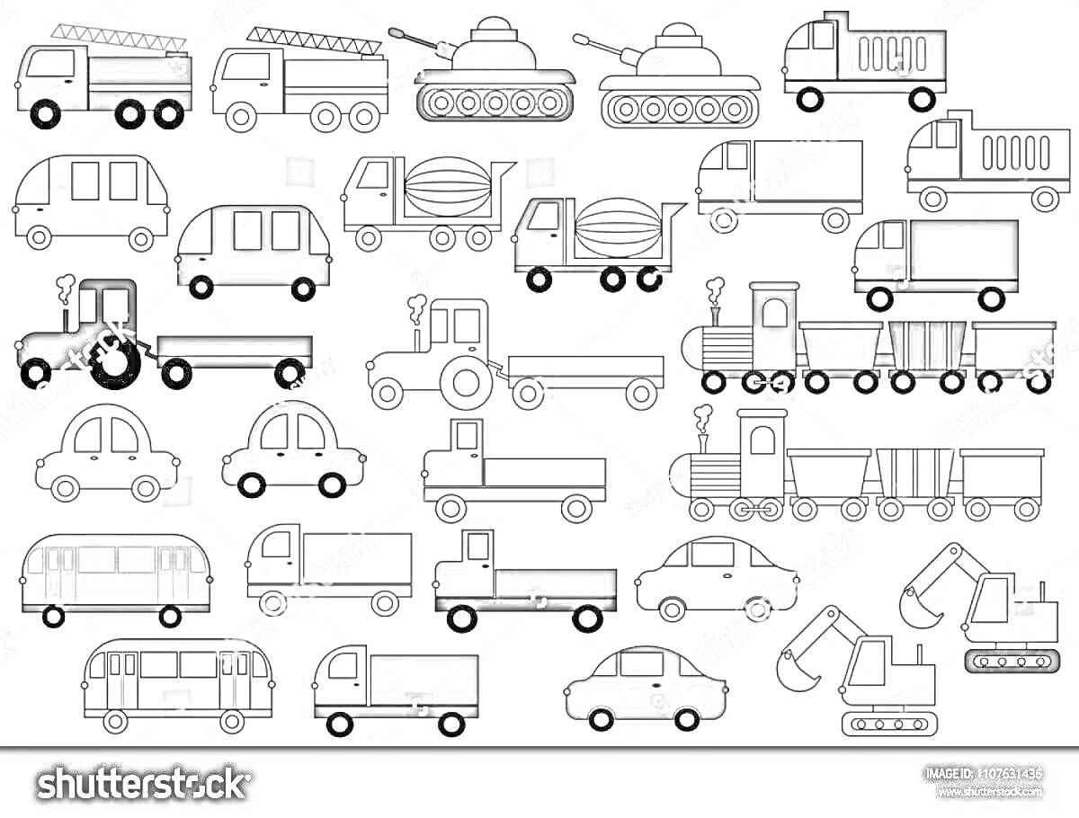 Раскраска Разнообразные транспортные средства: машины, танки, поезда, грузовики, экскаваторы, тракторы