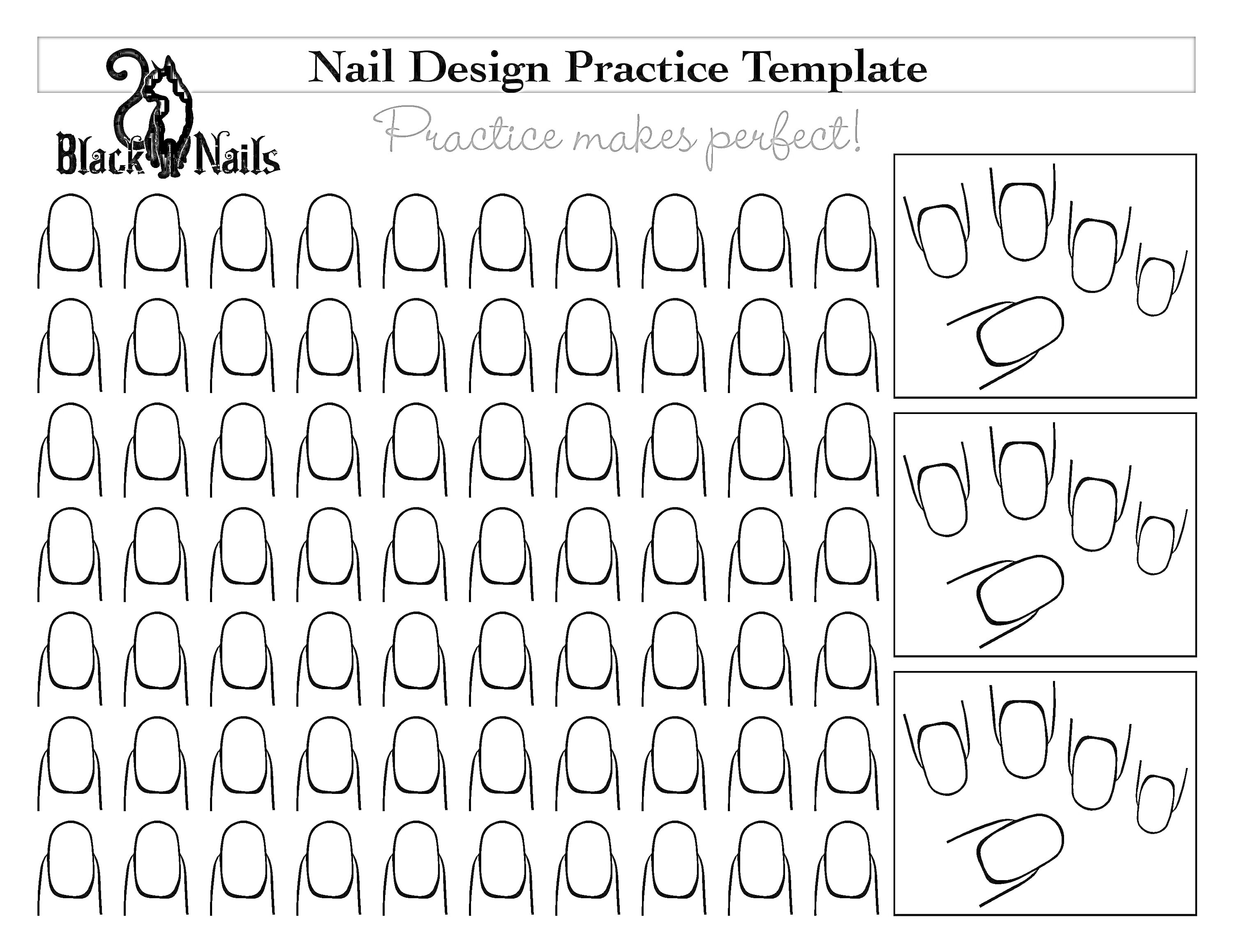 Раскраска Шаблон для тренировки дизайна ногтей с множеством контуров ногтей, логотипом черной кошки и примерами дизайнов сбоку
