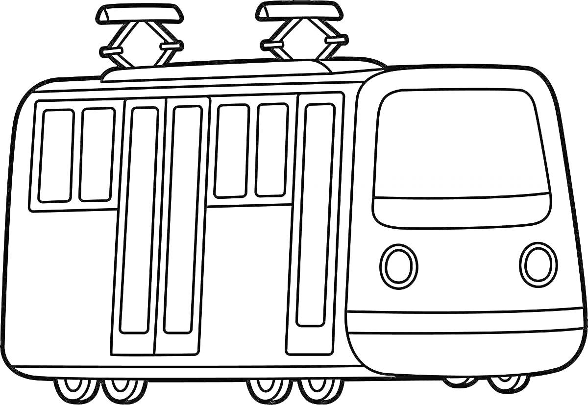 На раскраске изображено: Трамвай, Транспорт, Окна, Пантограф, Для детей, Электротранспорт