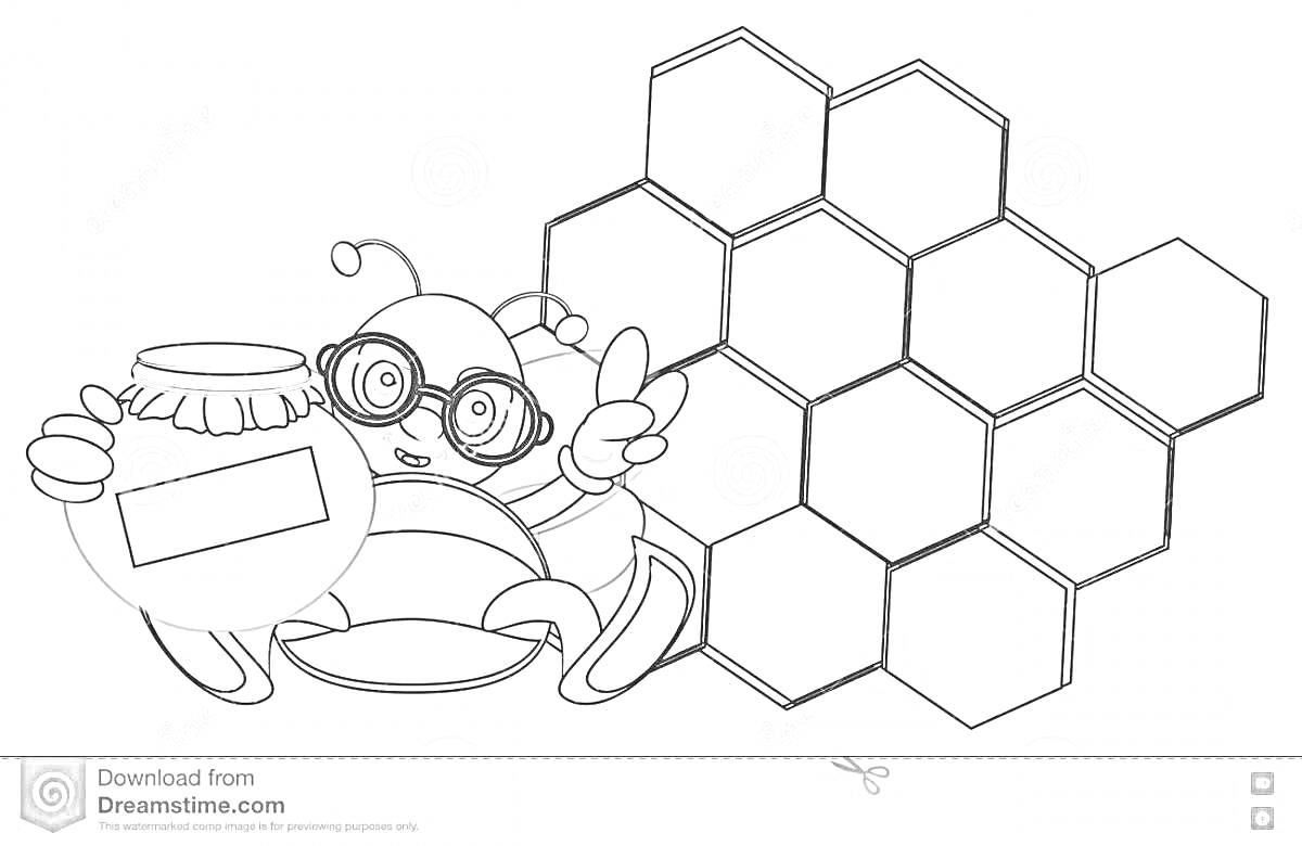 На раскраске изображено: Банка мёда, Соты, Шестиугольники, Очки, Мед, Насекомое, Улей