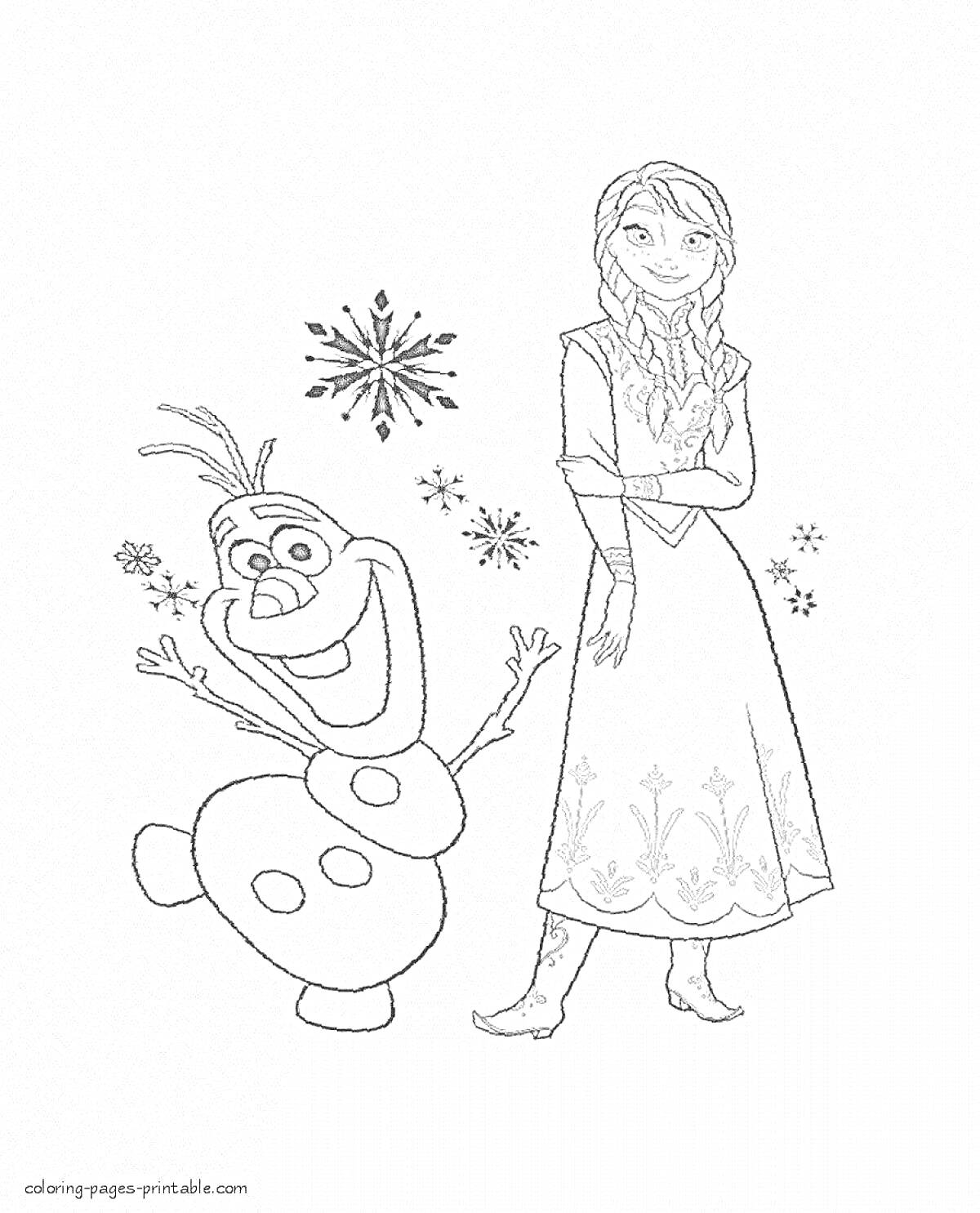 На раскраске изображено: Эльза, Олаф, Снежинки, Принцесса, Замороженные, Творчество