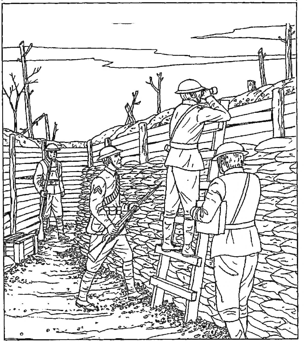 Раскраска Солдаты в окопах, сражающиеся на фронте в период Второй мировой войны, один из них наблюдает через бинокль, другие держат оружие, разрушенные деревья и ландшафт на заднем плане