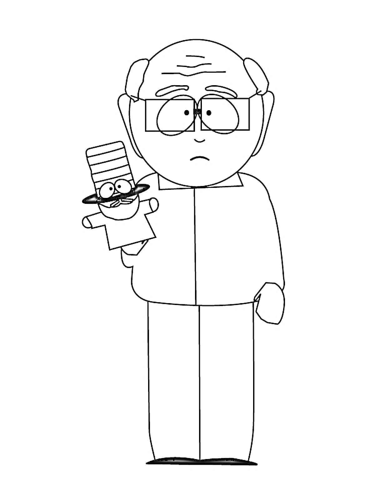 Мужчина в очках и пиджаке с куклой на руке из Южного Парка
