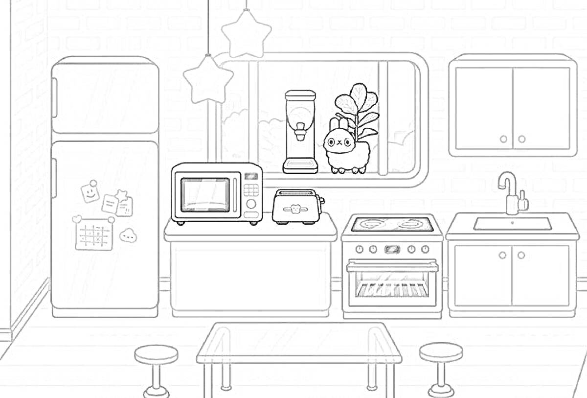 Раскраска Кухня с мебелью и техникой (холодильник, микроволновка, тостер, плита, кухня, стол, два табурета, кухонный шкаф)