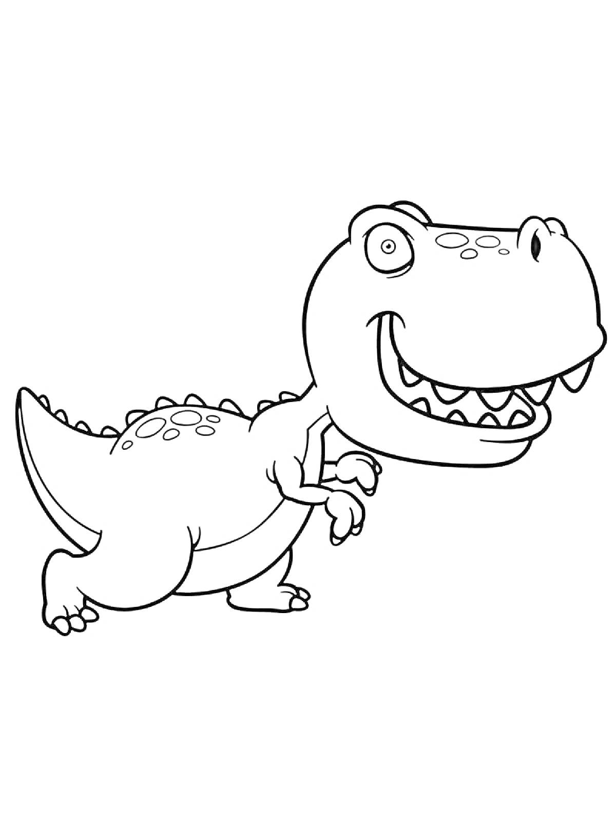 Динозавр Тираннозавр Рекс с большими глазами, широкими зубами, стоящий на двух лапах.