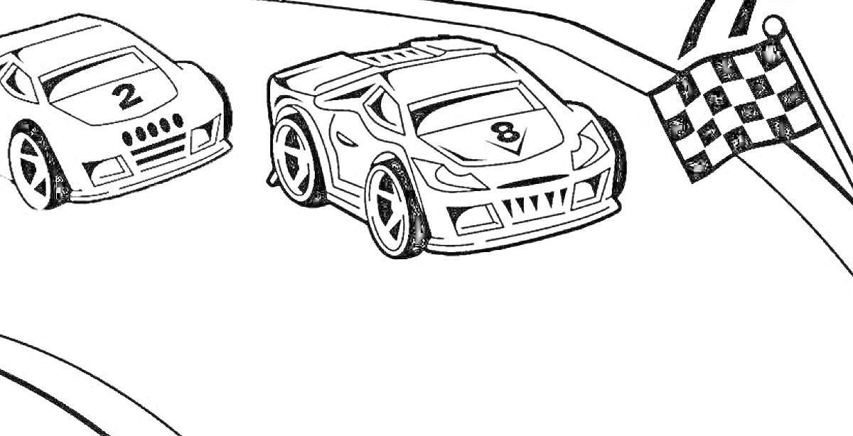Раскраска Гоночные автомобили на треке с финишным флагом