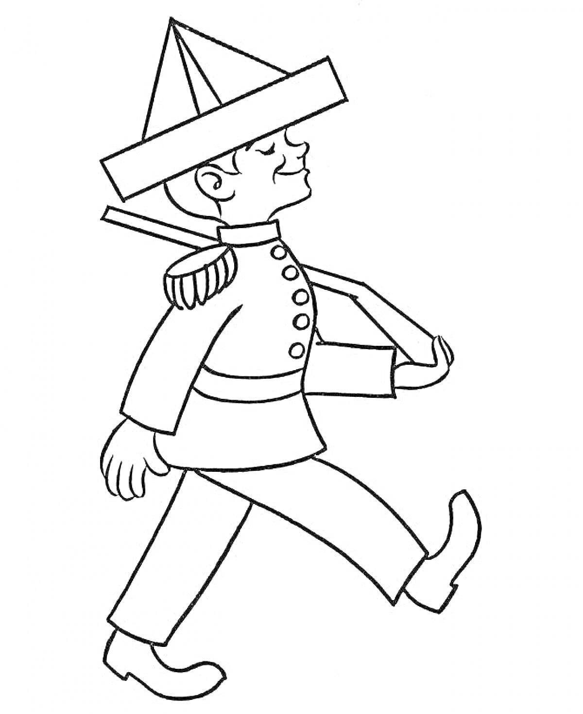 Солдатик в треуголке с наплечником и ремнем, марширующий с палкой