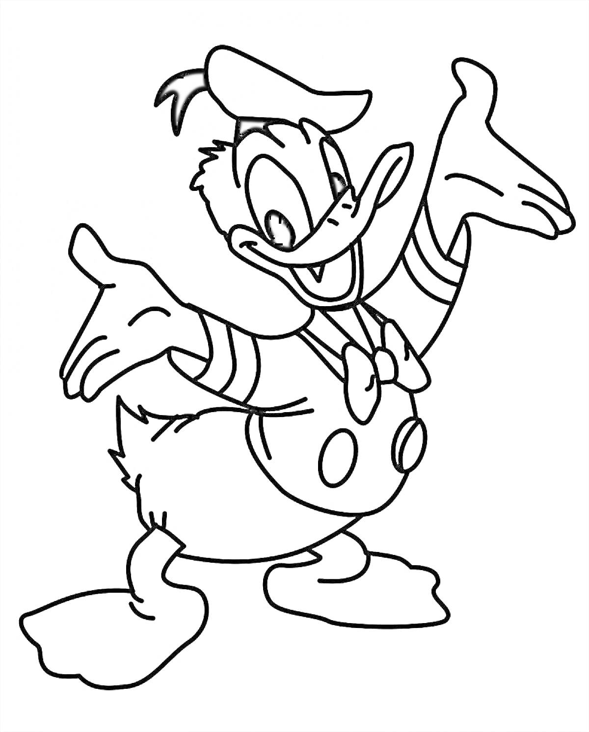 Раскраска Дональд Дак в матросском костюме с поднятыми руками