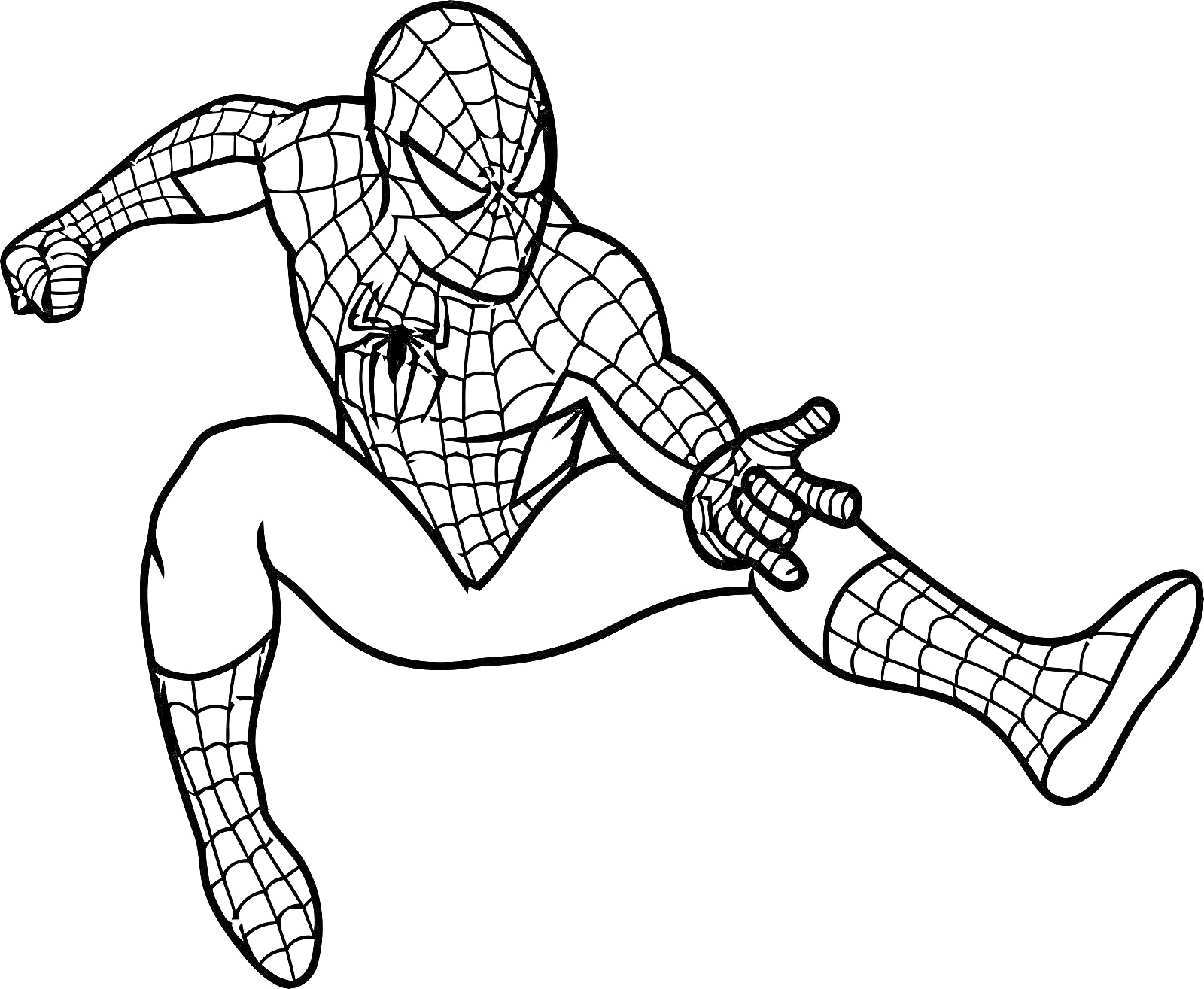 Человек Паук в прыжке с вытянутой правой рукой, в классическом костюме.