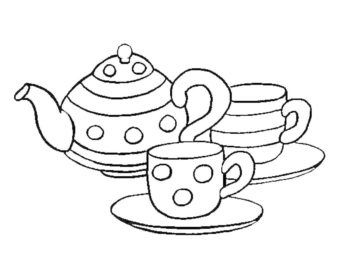 На раскраске изображено: Посуда, Чашки, Блюдца, Чай, Графика, Для детей, Чайники