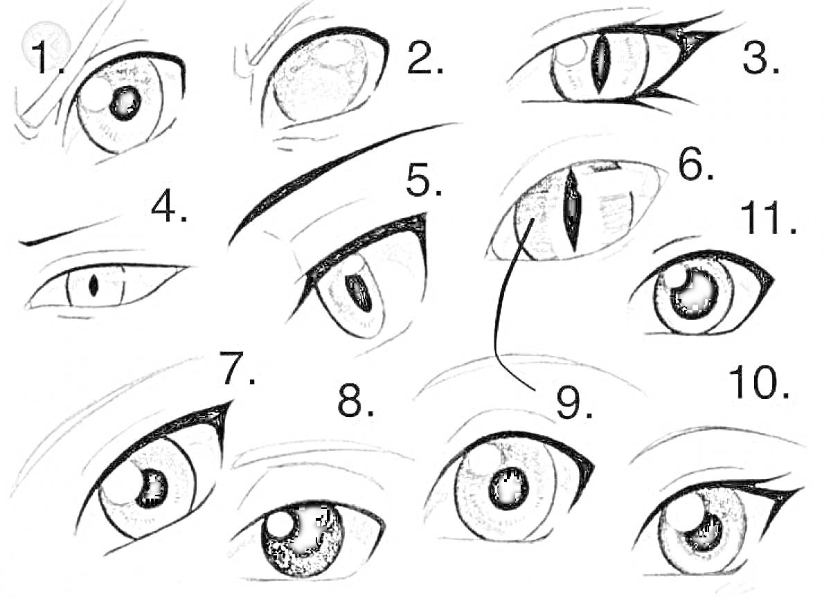 Раскраска Разные стили рисования аниме глаз с пронумерованными вариантами 1-11