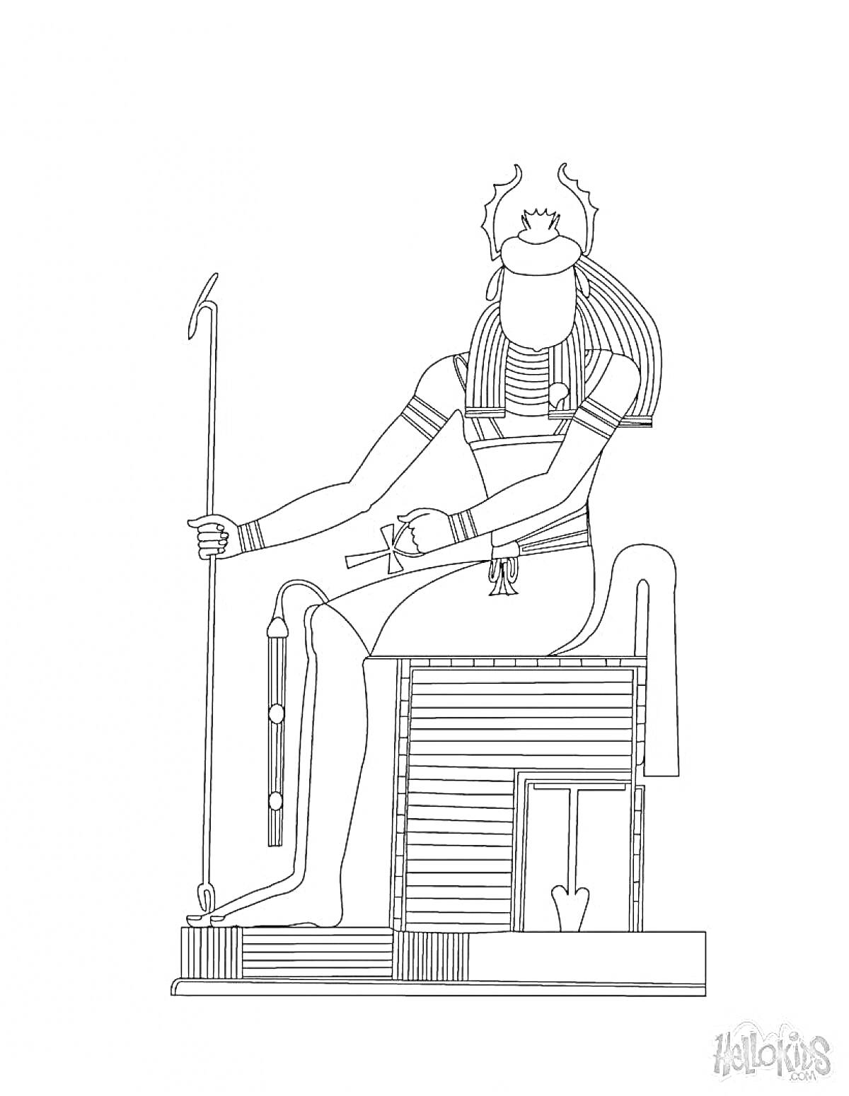 На раскраске изображено: Бог Ра, Египетская мифология, Трон, Анх, Древний Египет, Солнце, Бог солнца