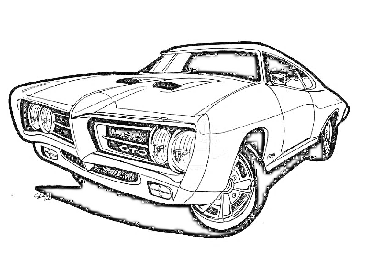 РаскраскаКлассический автомобиль Pontiac GTO с фарами, капотом и колесами