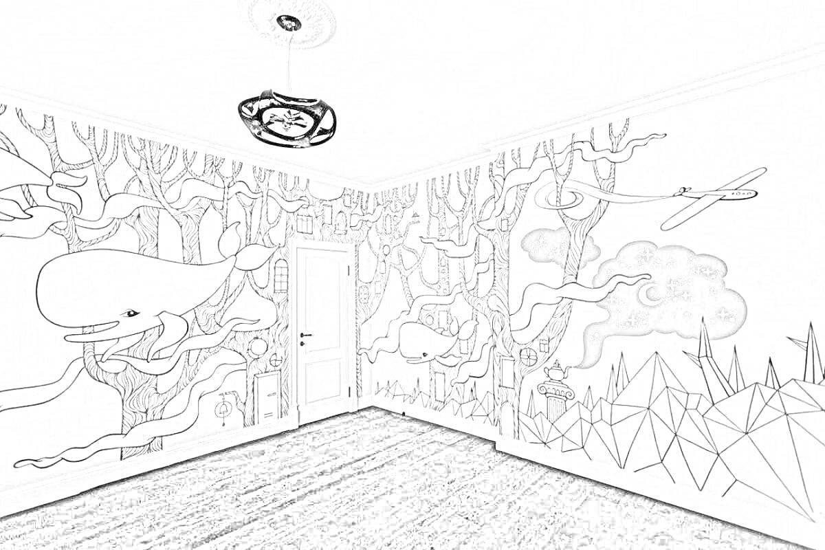 На раскраске изображено: Луна, Пейзаж, Стена, Комната, Интерьер, Деревья, Киты, Самолеты