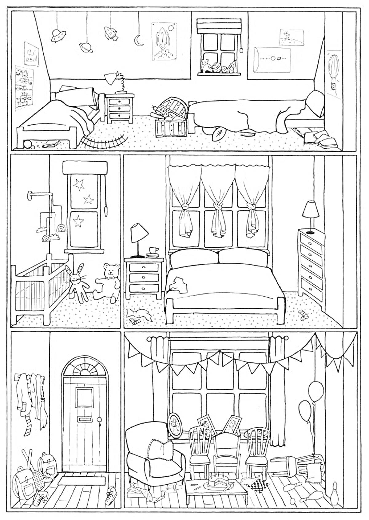 Раскраска Домик с тремя комнатами, кроватями, мебелью и игрушками
