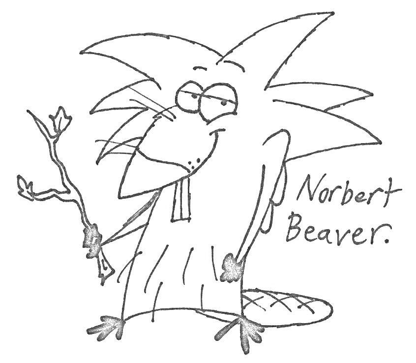 Раскраска Норберт Бобер с веткой, подпись Norbert Beaver