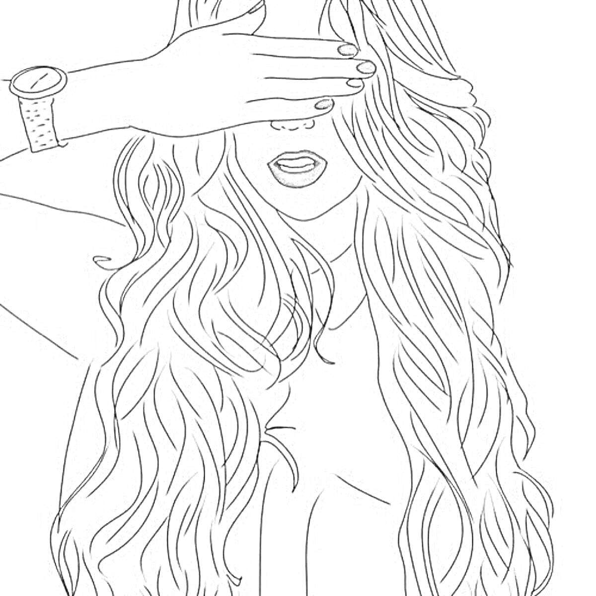 Раскраска Девушка с длинными волосами, закрывающая лицо рукой, с часами на запястье