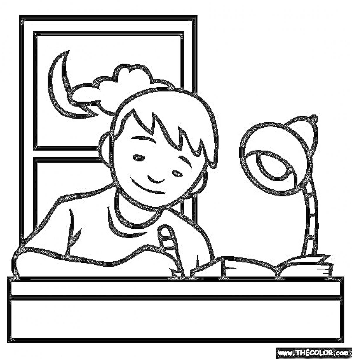 Раскраска ребенок делает домашнее задание за столом возле окна с лампой