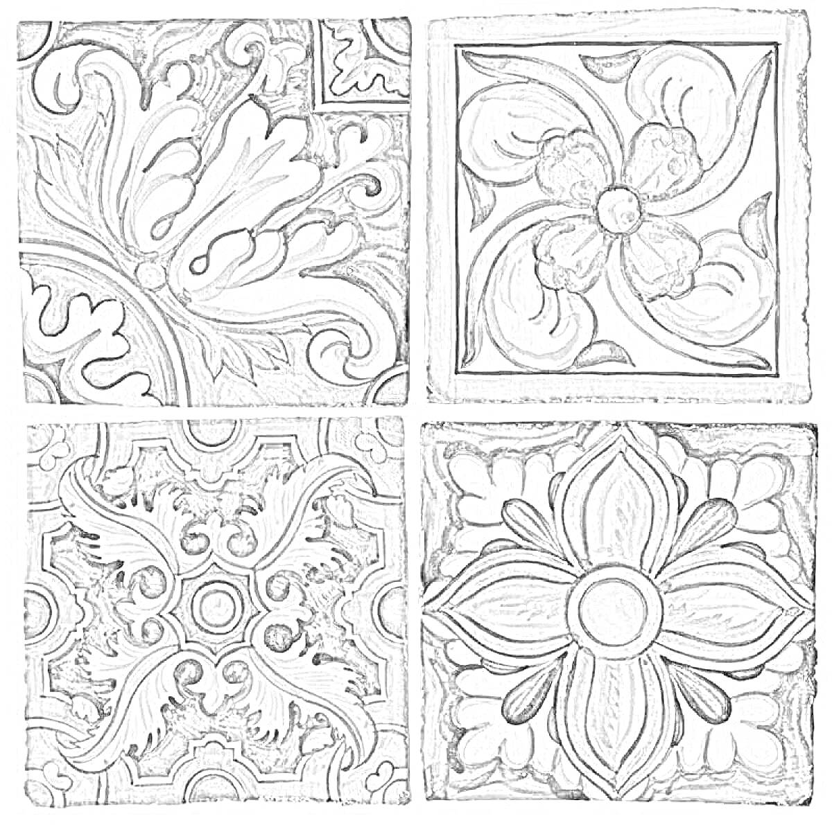 Раскраска Четыре узорчатые керамические плитки с цветочными и растительными элементами