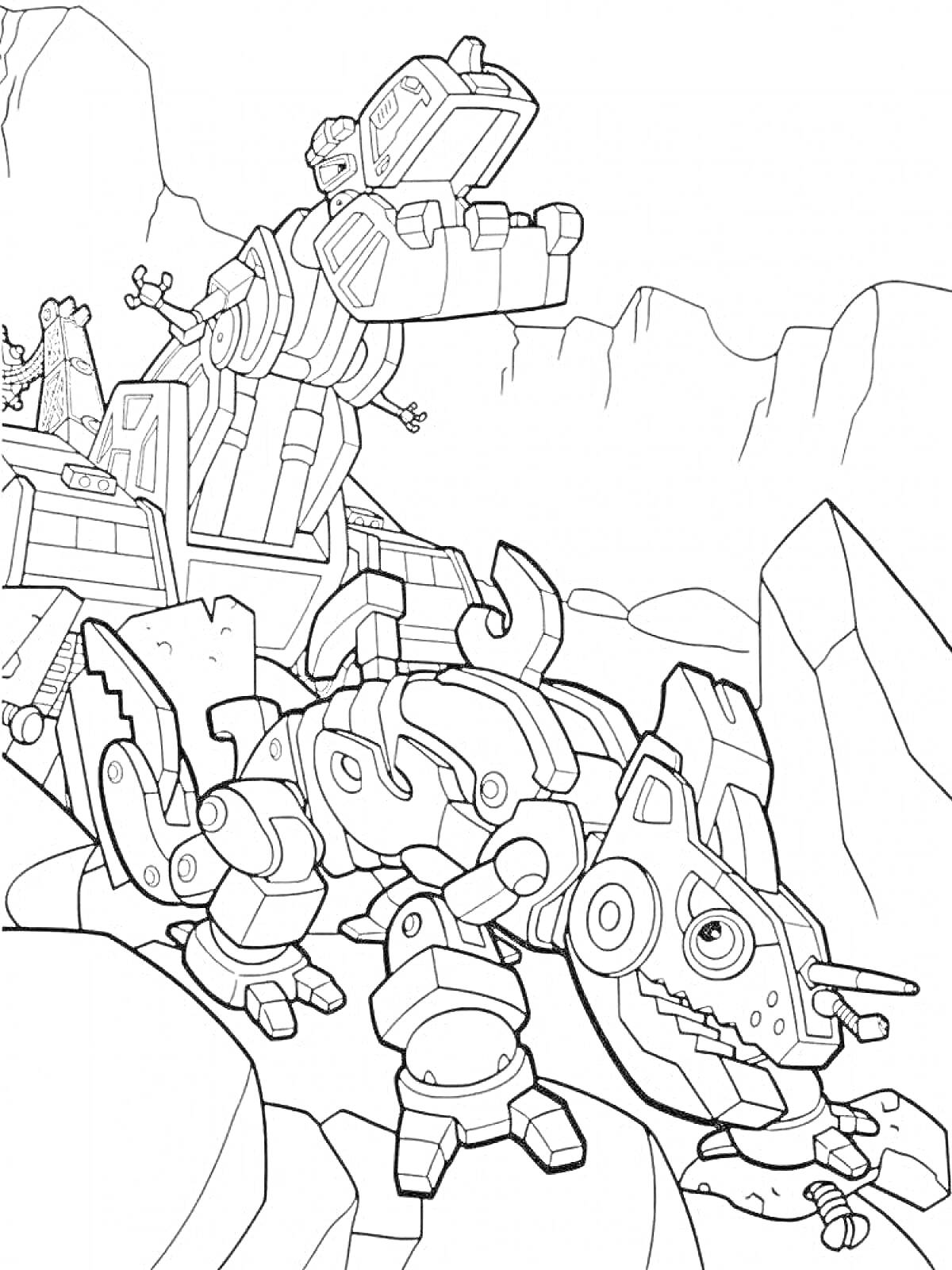 Раскраска Роботы-динозавры в горах