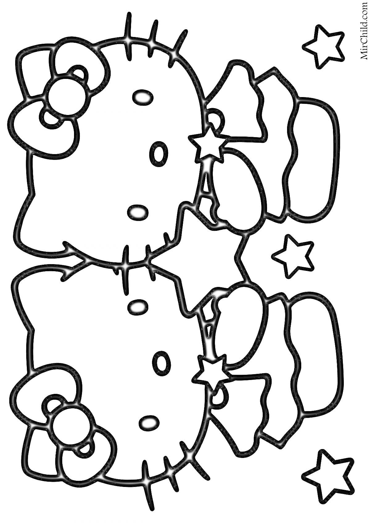 Раскраска Две новогодние Хэлло Китти с бантиками и звездами