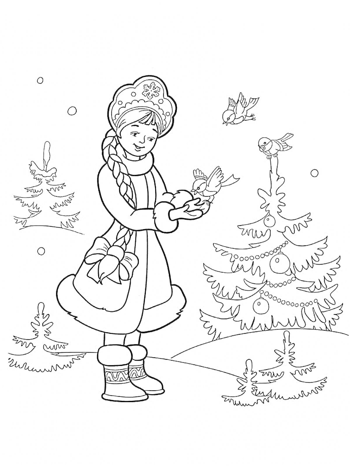 РаскраскаДевочка с косичкой в зимней шапке и пальто держит птицу рядом с украшенной елкой, на фоне зимние ели и падающие снежинки