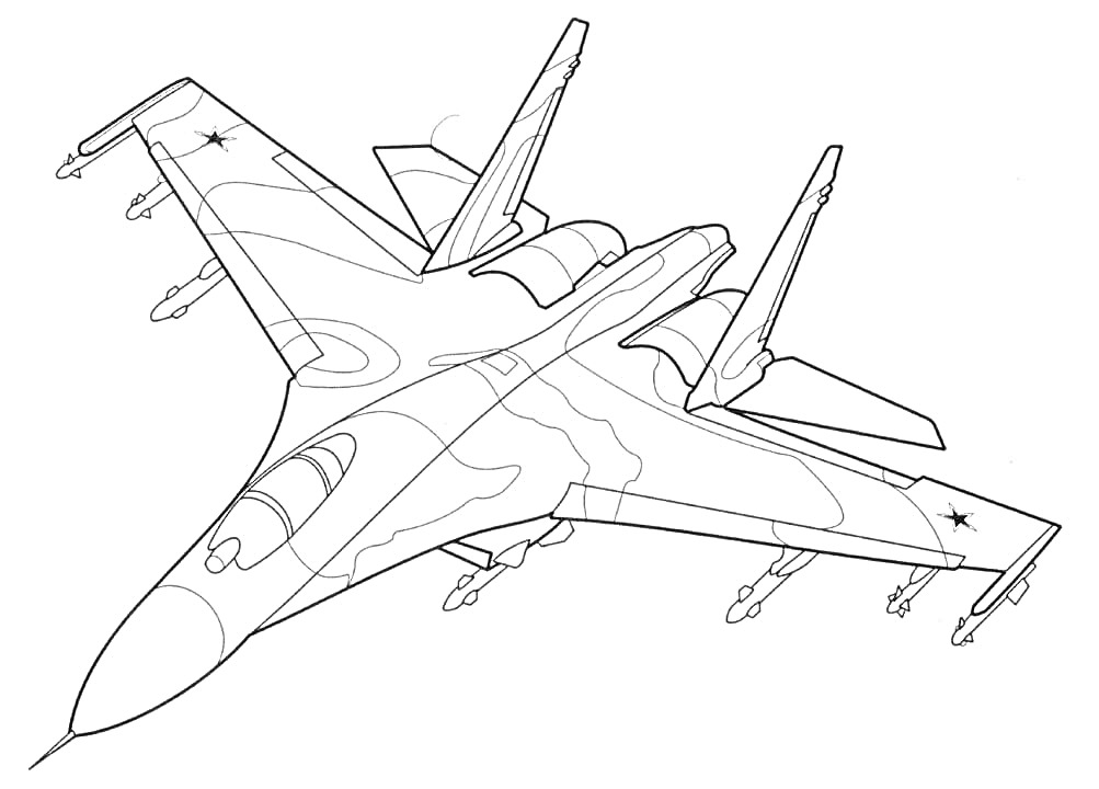 На раскраске изображено: Самолеты, Истребитель, Вооружение, Крылья, Звезды, Военная техника, Авиация, Контурные рисунки
