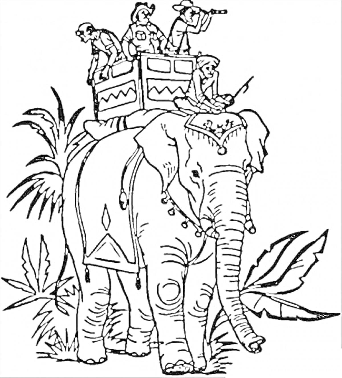 Раскраска Слоны, люди на спине слона, пальмы и растительность