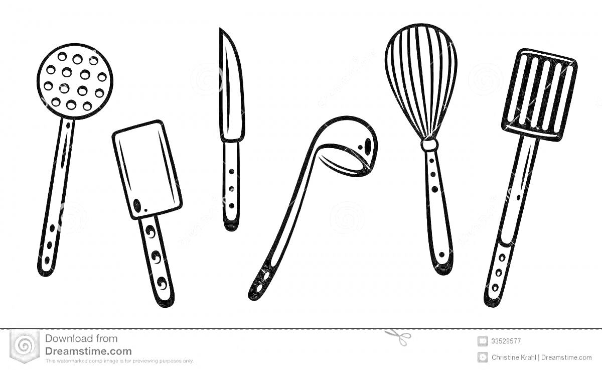На раскраске изображено: Кухня, Кухонные принадлежности, Посуда, Нож, Половник, Венчик, Дуршлаг