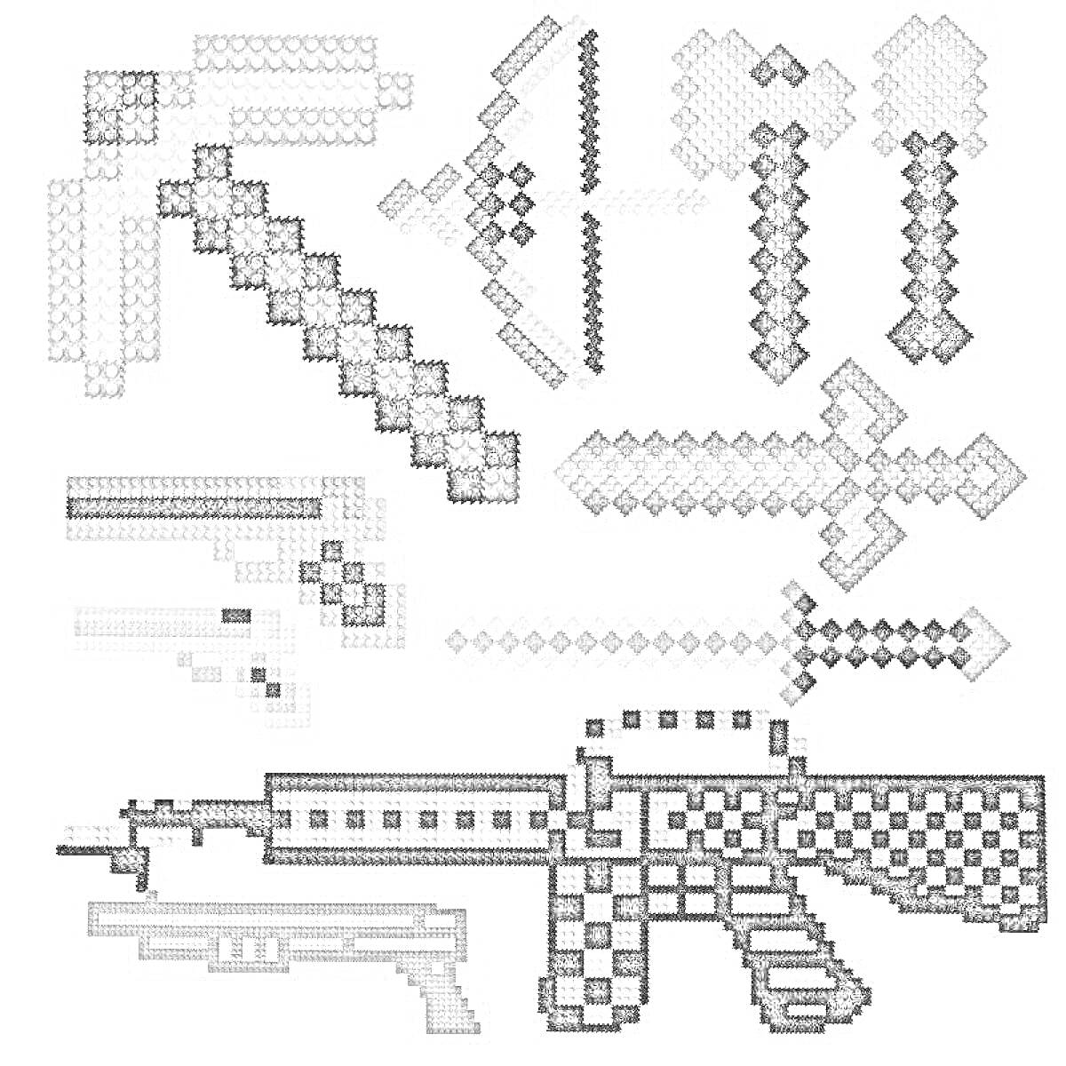 На раскраске изображено: Майнкрафт, Оружие, Кирка, Лук, Томагавк, Меч, Пистолет, Винтовка, Игра