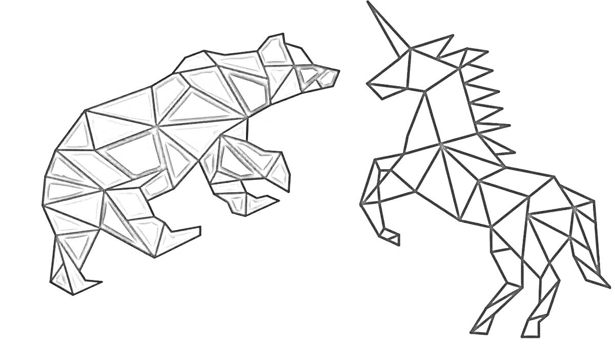 Раскраска Геометрический медведь и единорог