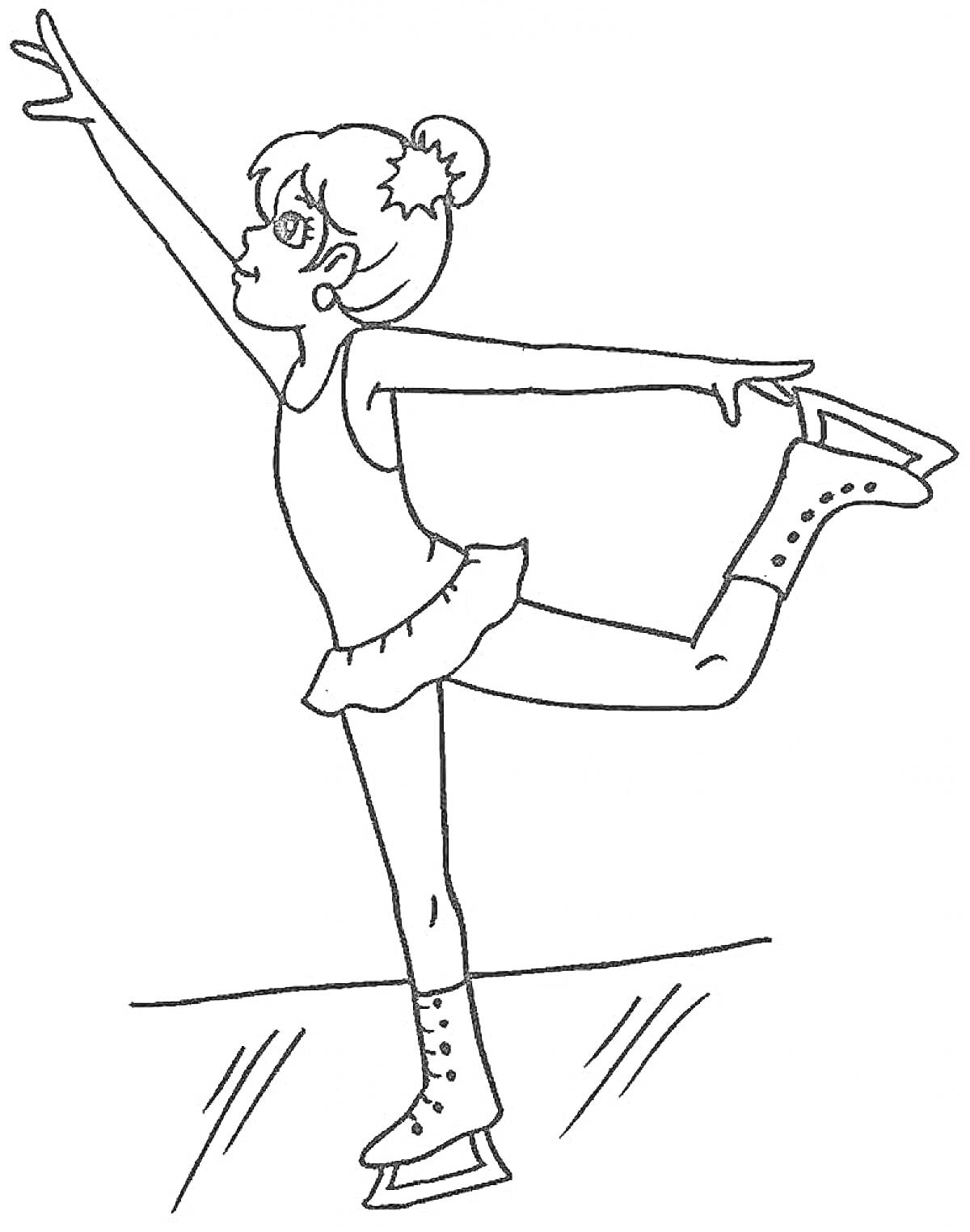 Раскраска Фигуристка в платье выполняет упражнение на льду с вытянутой рукой и поднятой ногой