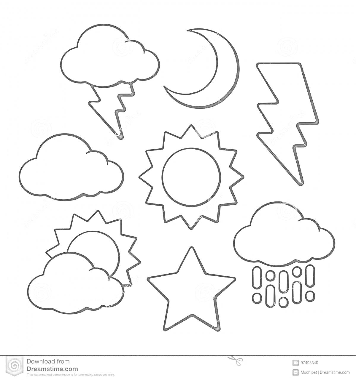 Раскраска облака, молния, полумесяц, солнце, звезда, дождь