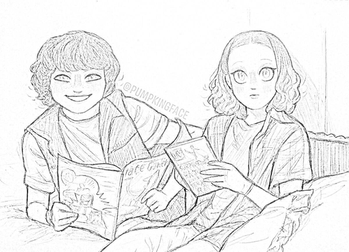 Раскраска Два человека сидят на кровати и читают комиксы
