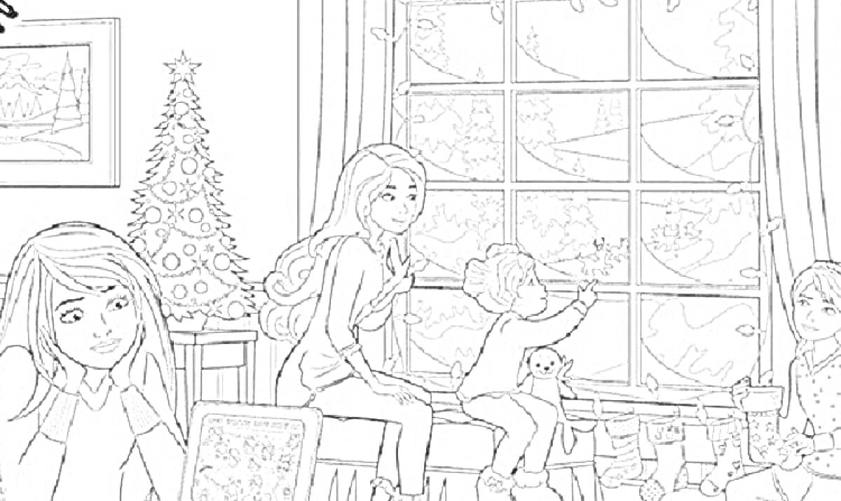 Раскраска Рождественские каникулы в доме Барби с елкой, гирляндами и игрушками