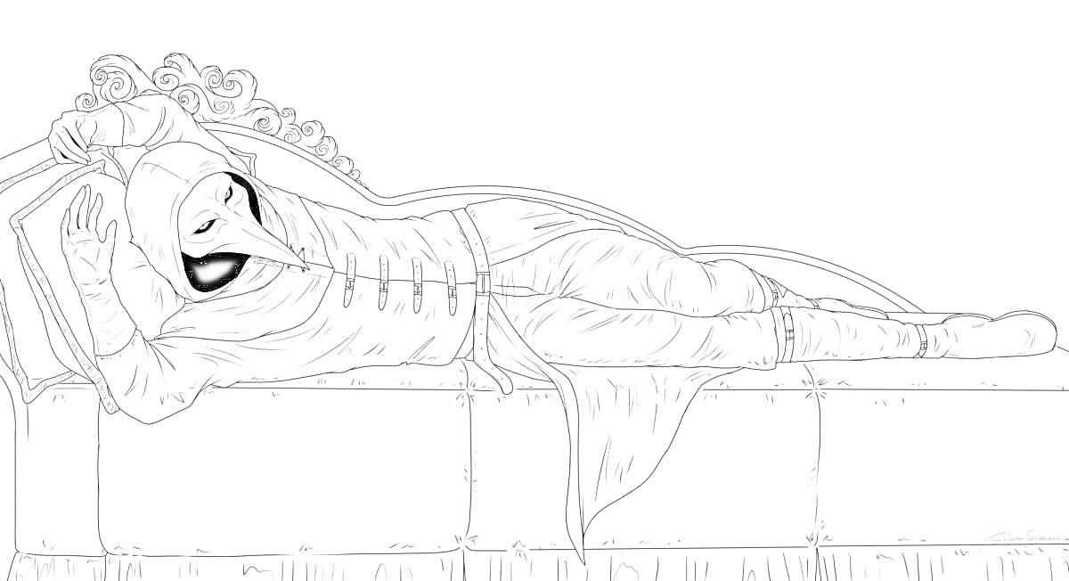 Раскраска Человек в длинном плаще с капюшоном и маской лежит на кровати с узорами и узорным изголовьем