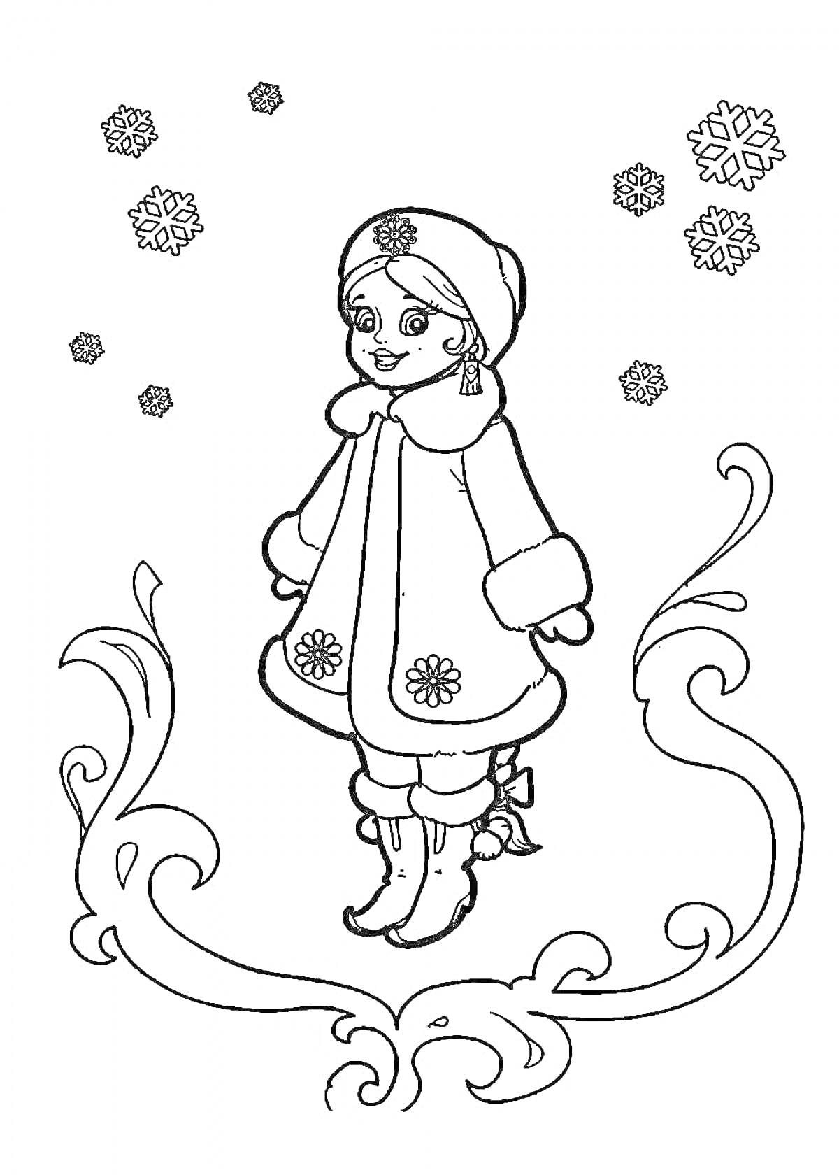 На раскраске изображено: Девочка, Зимняя одежда, Узоры, Снежинки, Сапоги, Меховая шапка, Пальто, Зима