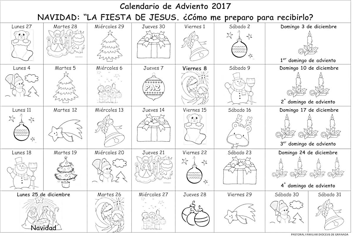 Раскраска Адвент календарь 2017 с изображениями ангела, подарков, ёлки, звезды, оленя, подсолнечника, свечи, венка, барабанов, белочки, Деда Мороза и поздравительных кукол